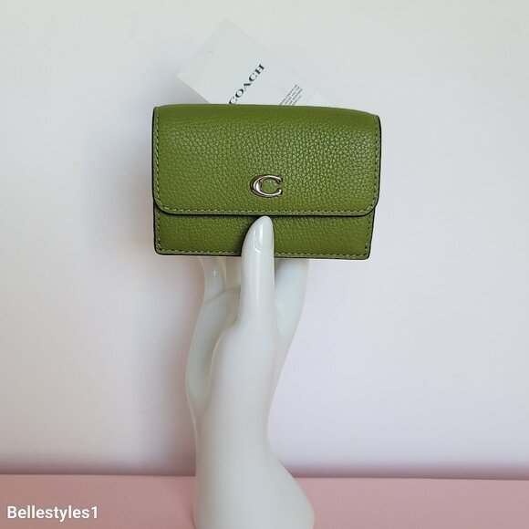 COACH Essential Mini Trifold Pebbled Leather Wallet- Dark Lime color 🎈 - Picture 1 of 16
